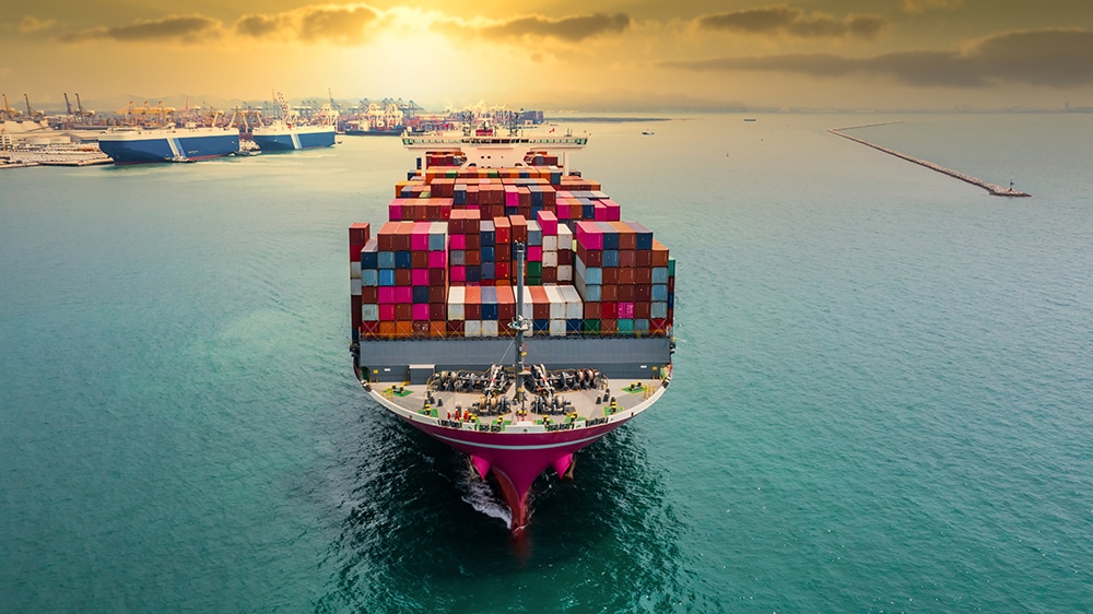 Aerial view container cargo ship, import export commerce busines